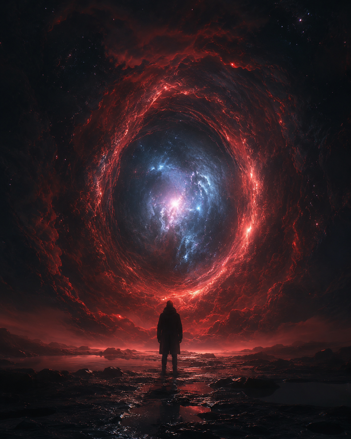 Mysterious cosmic portal with human silhouette